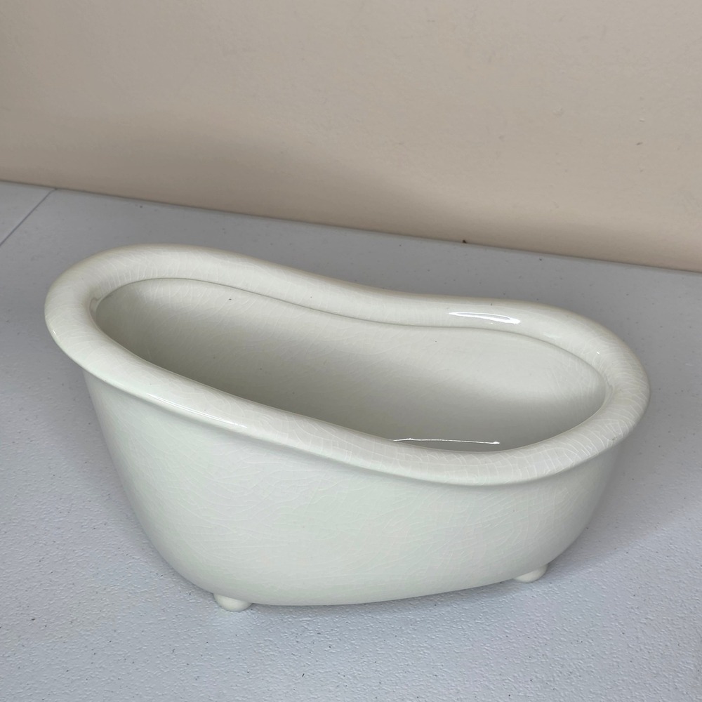 Bath & Body Works Ceramic Mini Bathtub Soap Dish Holder White Crackle Glaze
